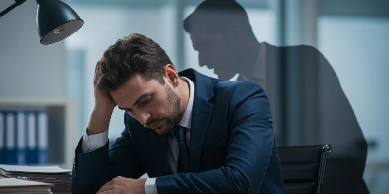 kembali mental health man suit sitting desk head hands